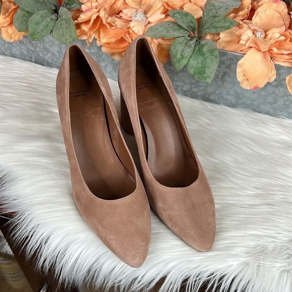 Aquatalia Blush Pink Suede Block Heel Pumps - Picture 3 of 11